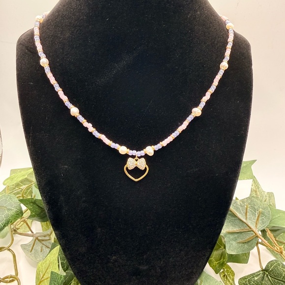 Blushing Bow Heart Necklace **Waterproof* - Picture 2 of 6